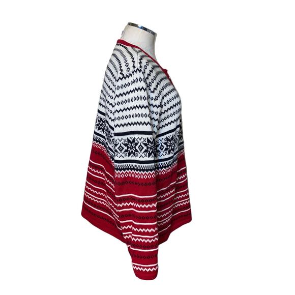 Villager Sport Liz Claiborne Red White Blue Fair Isle Snowflake Zip Up Cardigan - Picture 2 of 12